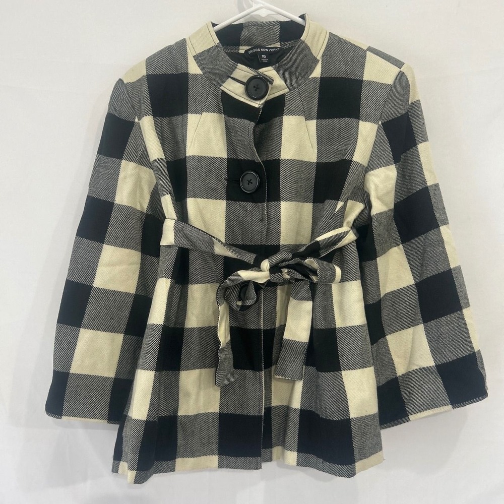 Briggs New York Buffalo Plaid Jacket Black Cream Belted Mock Neck Size 16